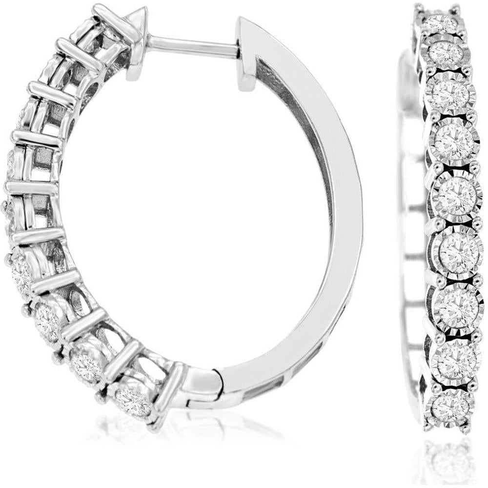 Royal 14K White Gold Small Hoop Earrings with U-Prong Set Round Diamonds - 1.00 Carat Total Diamond Weight