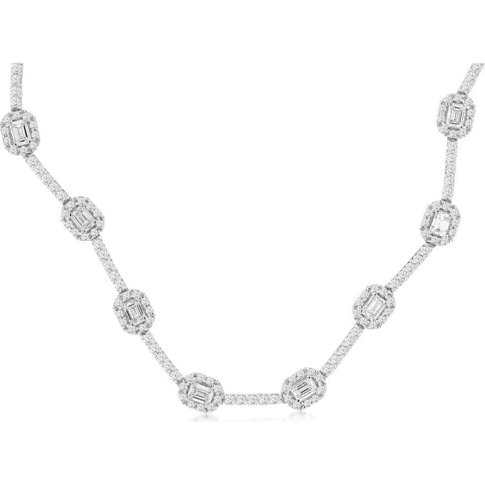 Royal 14K White Gold Station Necklace with 4 Carat Emerald-Cut Diamonds and Pavé-Set Halos
