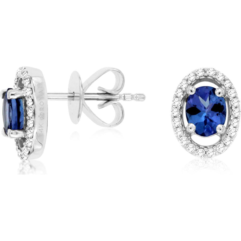 Royal 14K White Gold Stud Earrings with Oval Tanzanite and Diamond Halo - 0.70 Carat Tanzanite and 0.18 Carat Diamond Total Weight
