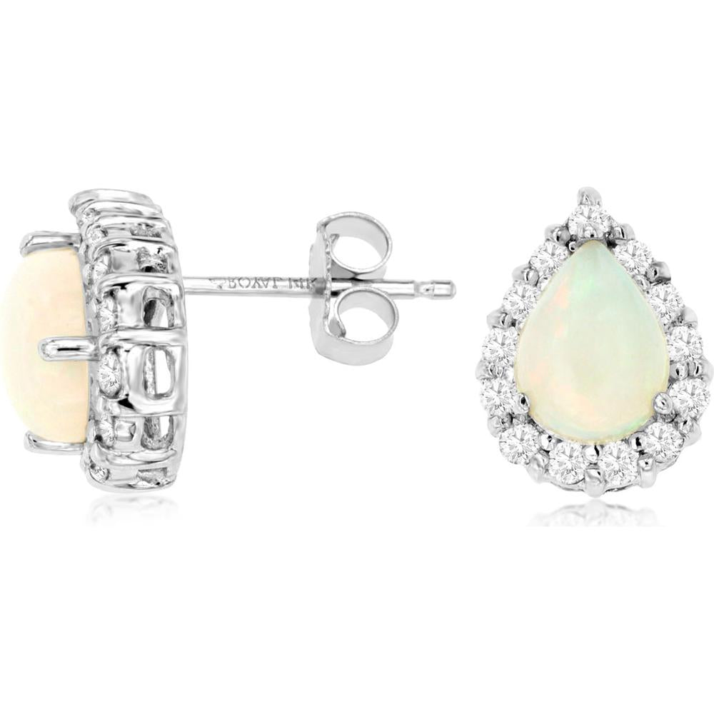Royal 14K White Gold Stud Earrings with Pear-Shaped Opals and Round Diamond Halo - 1.40 Carat Opal, 0.60 Carat Diamond
