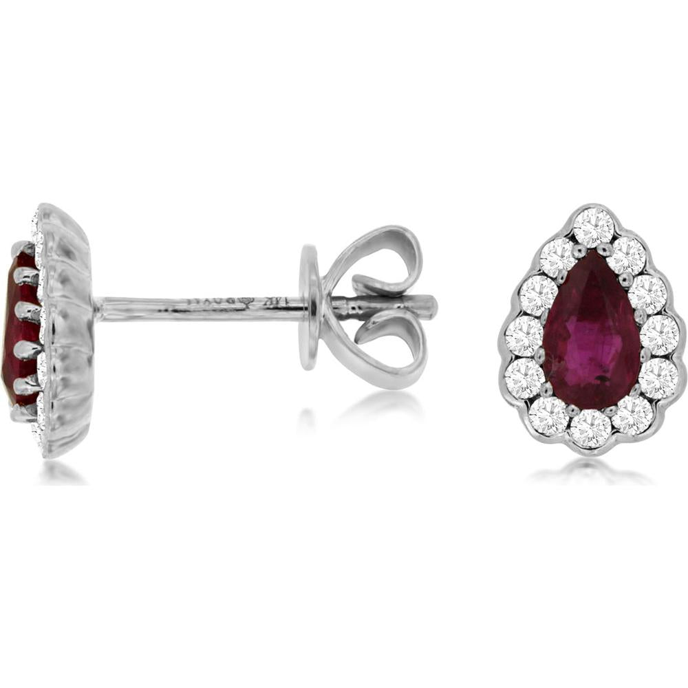 Royal 14K White Gold Stud Earrings with Pear-Shaped Rubies and Round Diamond Halo - 0.65 Carat Total Gem Weight
