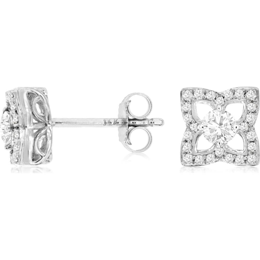 Royal 14K White Gold Stud Earrings with Prong Set Round Diamonds - 0.50 Carat Total Diamond Weight