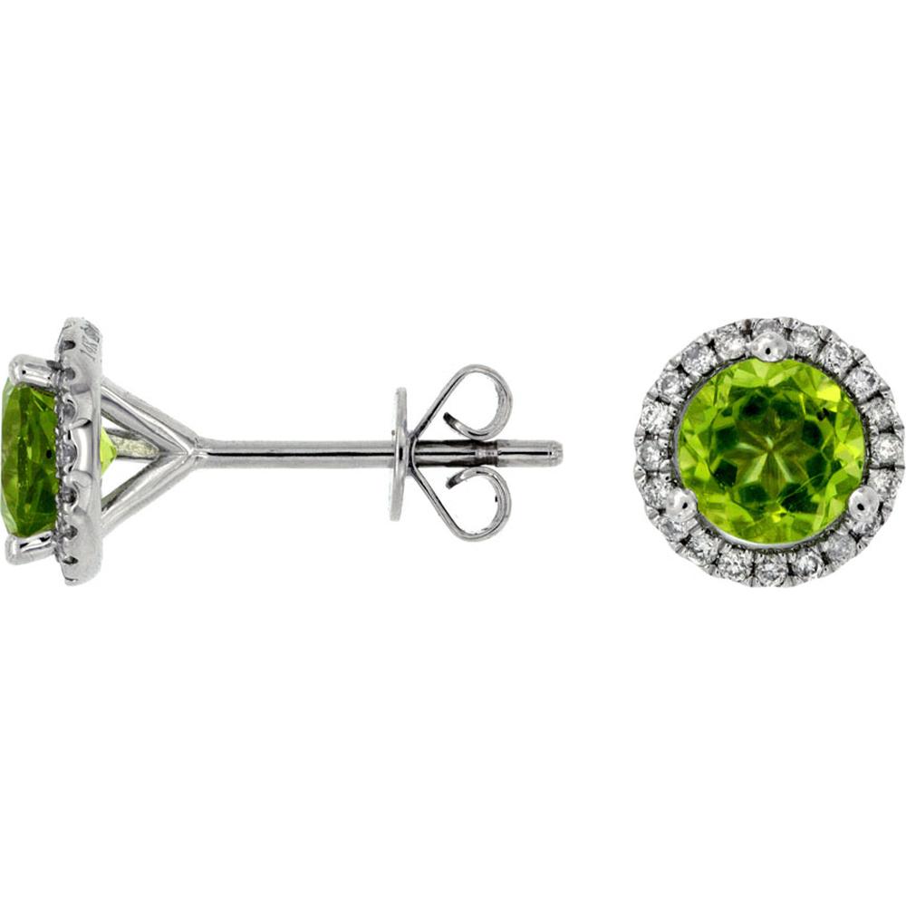Royal 14K White Gold Stud Earrings with Round-Cut Peridot and Diamond Halo - 1.58 Carat Total Gem Weight
