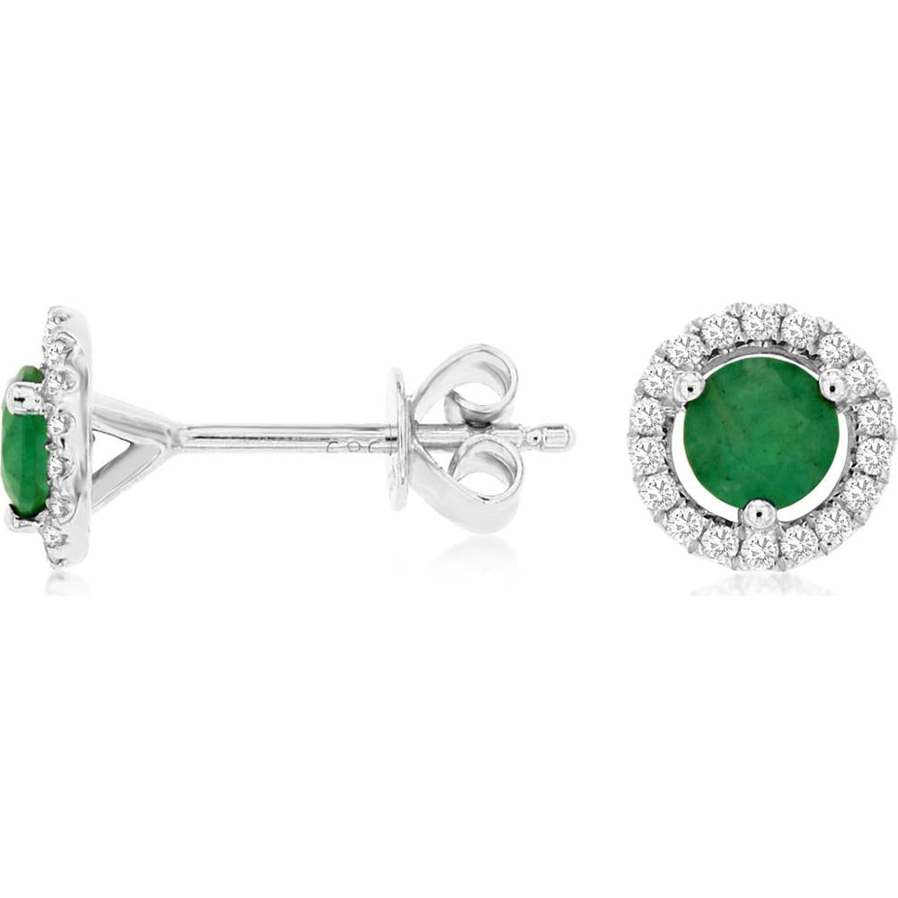 Royal 14K White Gold Stud Earrings with Round Emeralds 0.70 Carats and Diamond Halo 0.14 Carats Total