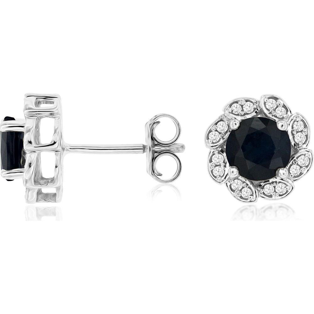 Royal 14K White Gold Stud Earrings with Round Sapphires and Diamond Halo - 1.60 Carats Sapphire and 0.12 Carats Total Diamond Weight