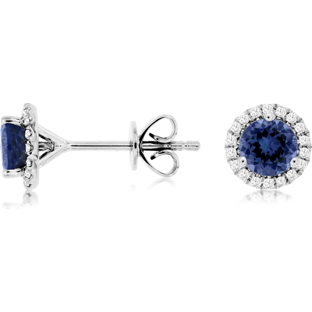 Royal 14K White Gold Stud Earrings with Round Tanzanite and Halo Diamonds - 0.75 Carat Total Tanzanite and 0.14 Carat Total Diamond Weight
