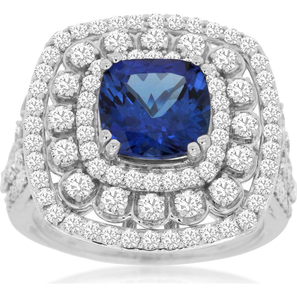 Royal 14K White Gold Tanzanite & Diamond Cushion Cut Ring - 2.40 Carats Tanzanite, 1.65 Carats Total Diamond Weight