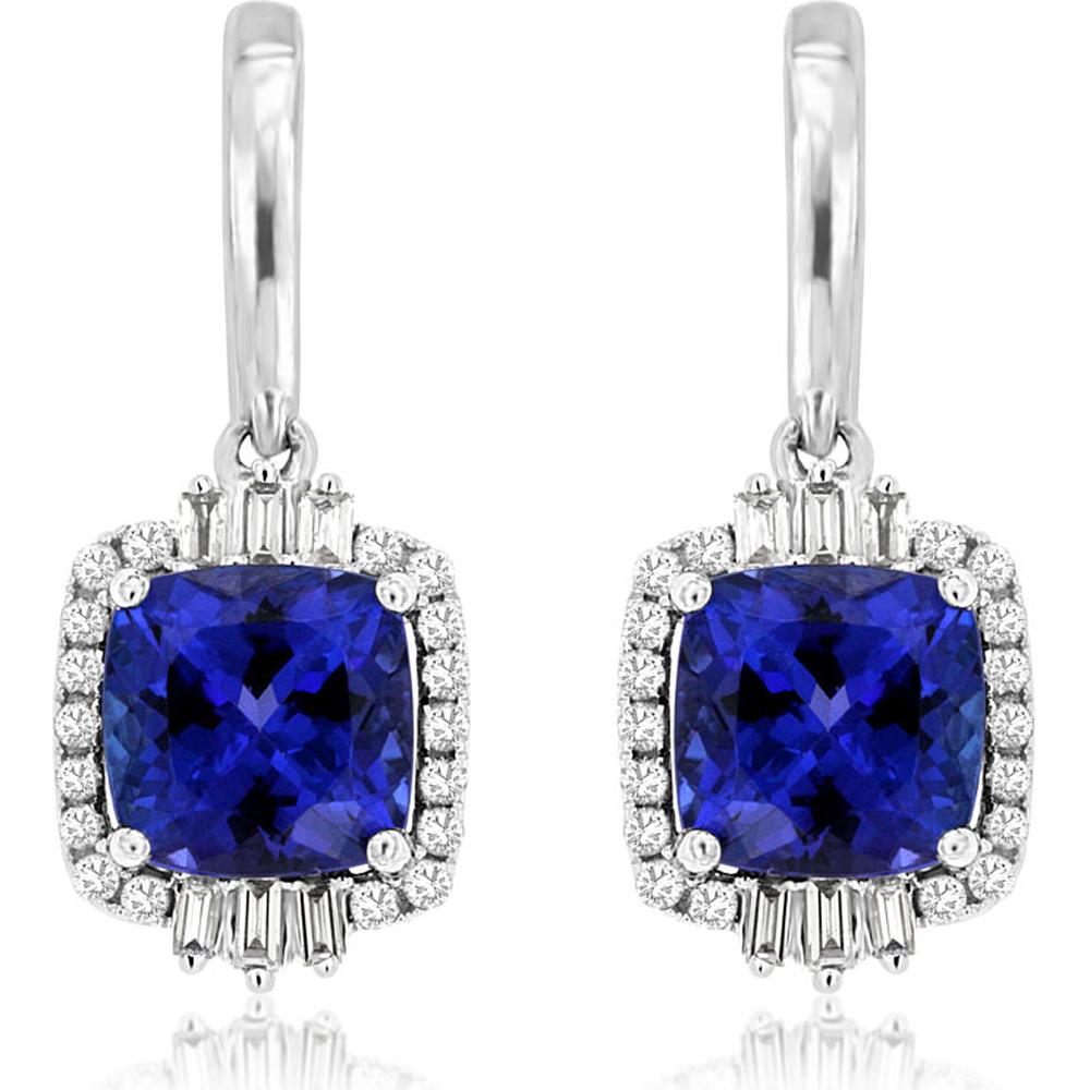 Royal 14K White Gold Tanzanite and Diamond Drop Earrings with Baguette Diamond Halo - 3.44 Carats Total Tanzanite Weight