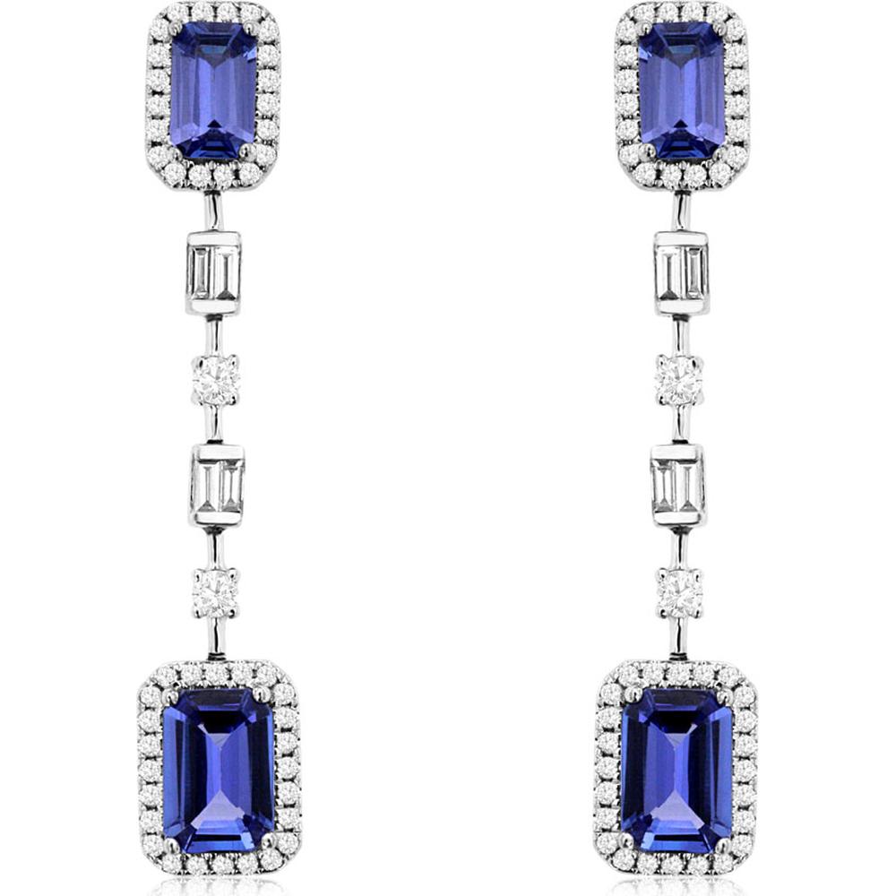 Royal 14K White Gold Tanzanite & Diamond Drop Earrings with Emerald Cut Tanzanites - 2.17 Carats Total Gem Weight