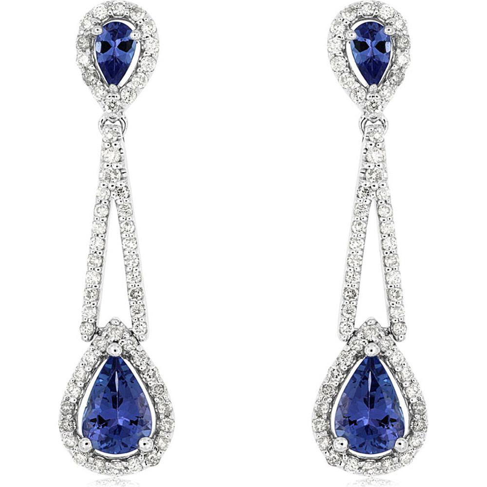 Royal 14K White Gold Tanzanite and Diamond Drop Earrings with Pear-Shaped Tanzanite and Pavé Halo - 0.66 Carats Diamonds & 1.95 Carats Tanzanite Total Gem Weight
