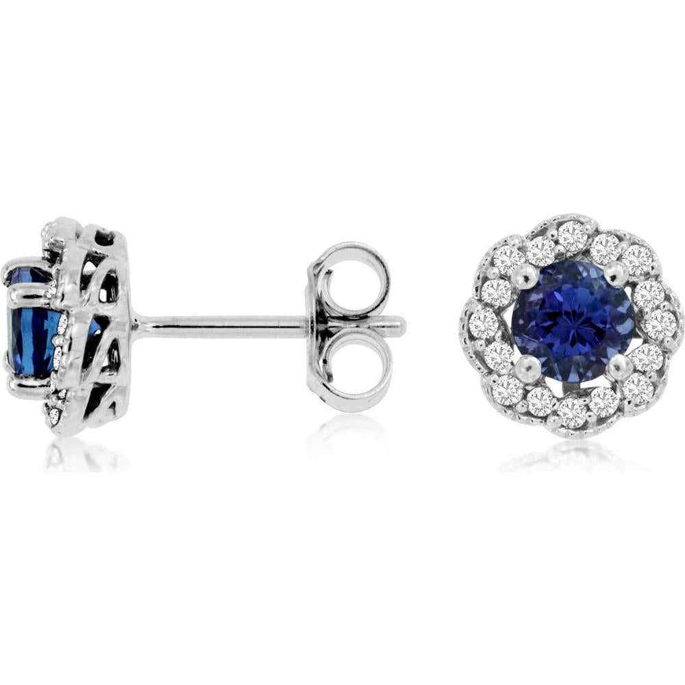 Royal 14K White Gold Tanzanite and Diamond Halo Earrings - 0.78 Carats Total Tanzanite Weight, 0.39 Carats Each Tanzanite Gemstone, 0.20 Carats Total Diamond Weight