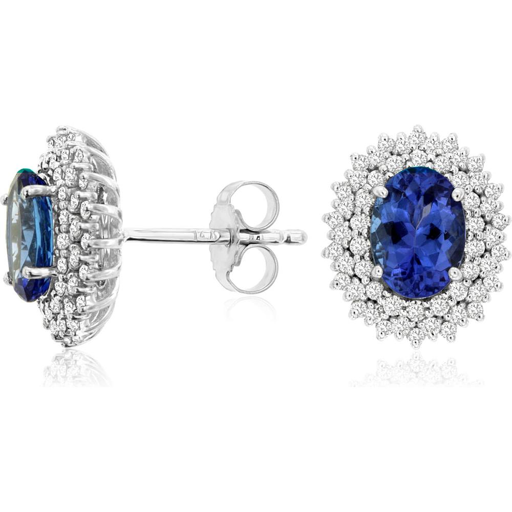 Royal 14K White Gold Tanzanite and Diamond Halo Earrings - 1.68 Carats Tanzanite, 0.50 Carats Diamond Total Weight