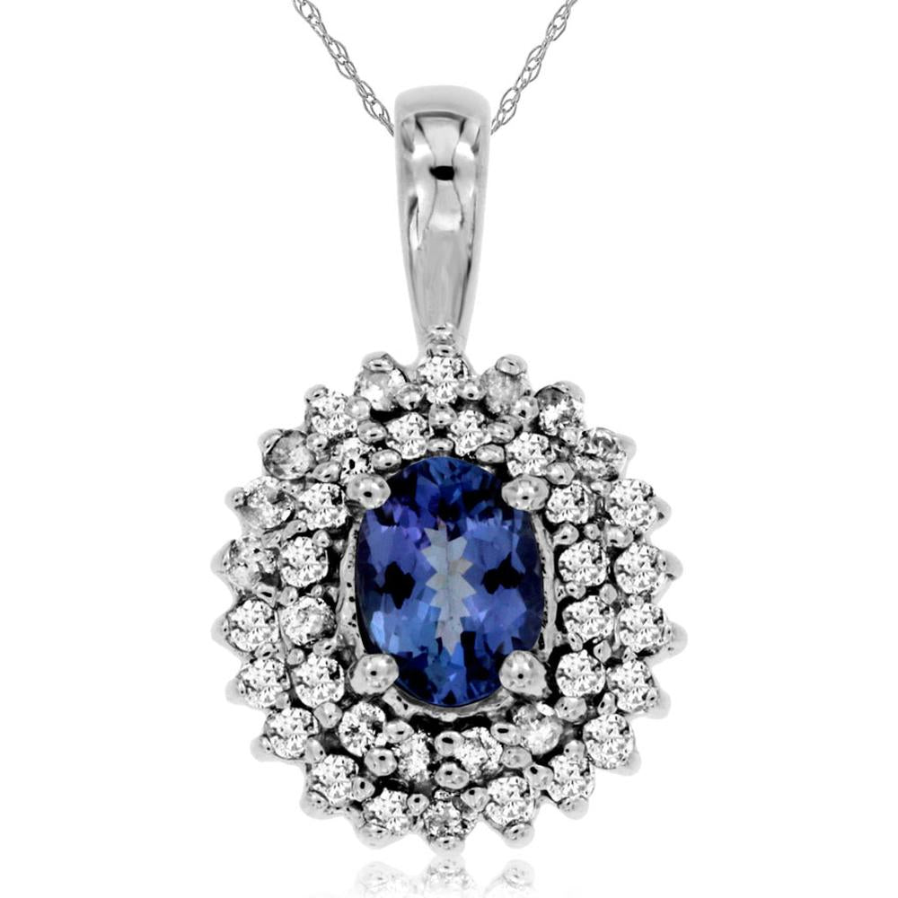 Royal 14K White Gold Tanzanite and Diamond Halo Pendant - 0.85 Carat Tanzanite, 0.25 Carat Diamonds