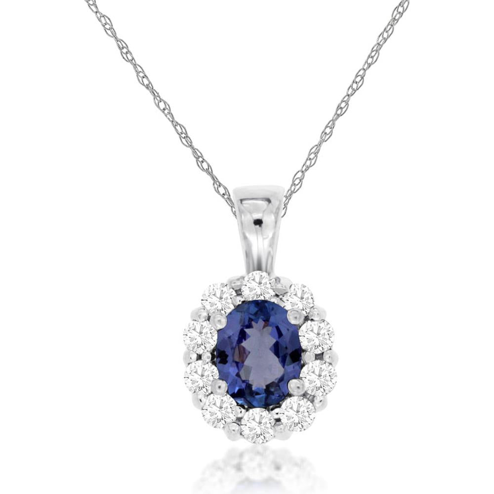 Royal 14K White Gold Tanzanite and Diamond Halo Pendant Necklace - 0.35 Carat Tanzanite, 0.20 Carat Diamond