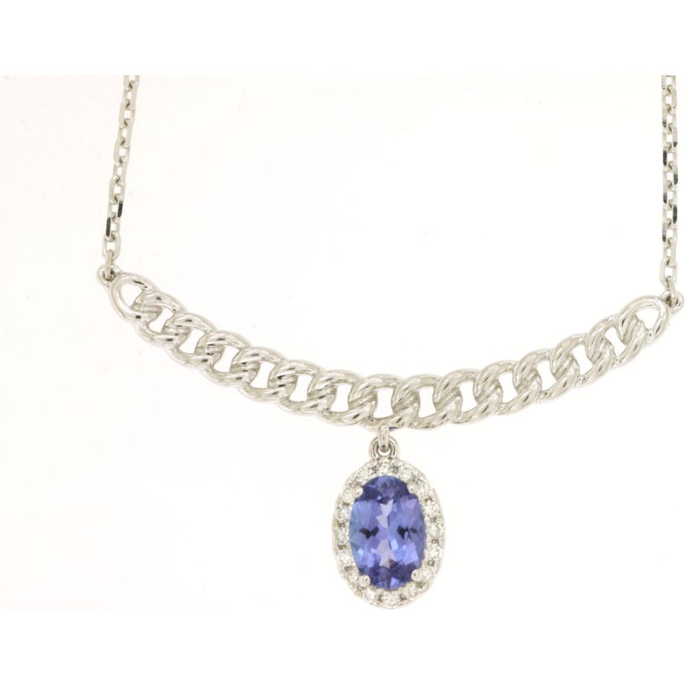 Royal 14K White Gold Tanzanite & Diamond Halo Pendant Necklace - 0.50 Carats Tanzanite, 0.07 Carats Total Diamond Weight