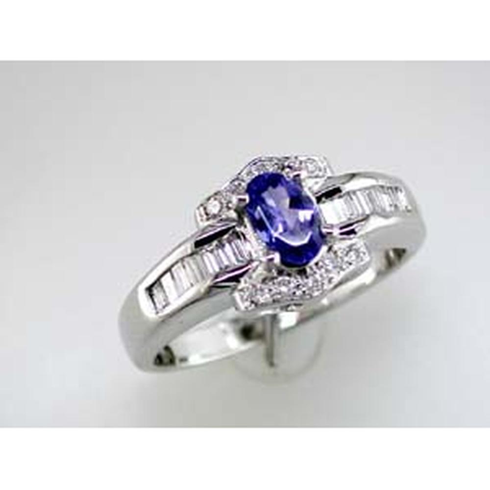 Royal 14K White Gold Tanzanite and Diamond Halo Ring - 0.40 Carat Tanzanite, Baguette and Round Diamonds