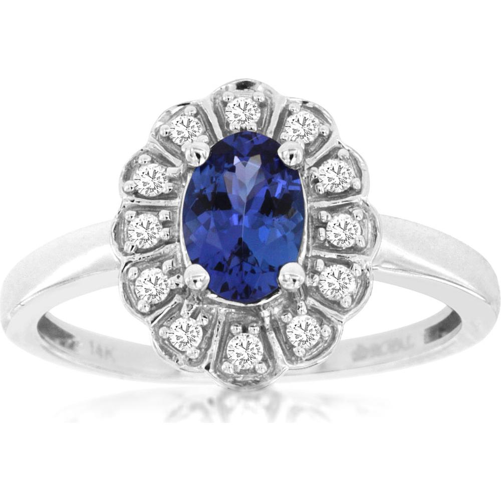 Royal 14K White Gold Tanzanite & Diamond Halo Ring - 0.84 Carats Tanzanite & 0.15 Carats Diamond Weight