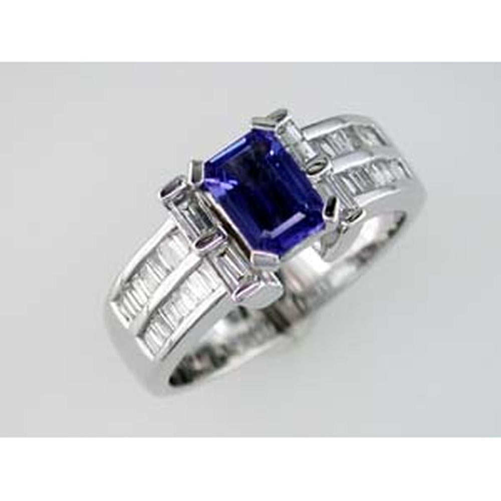 Royal 14K White Gold Tanzanite and Diamond Halo Ring - 1.00 Carat Tanzanite, Baguette and Round Diamonds