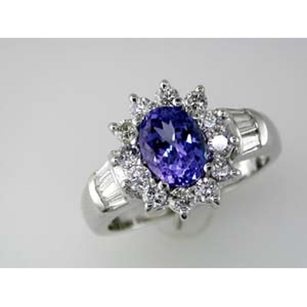 Royal 14K White Gold Tanzanite and Diamond Halo Ring - 1.30 Carat Tanzanite, 0.34 Carat Diamonds