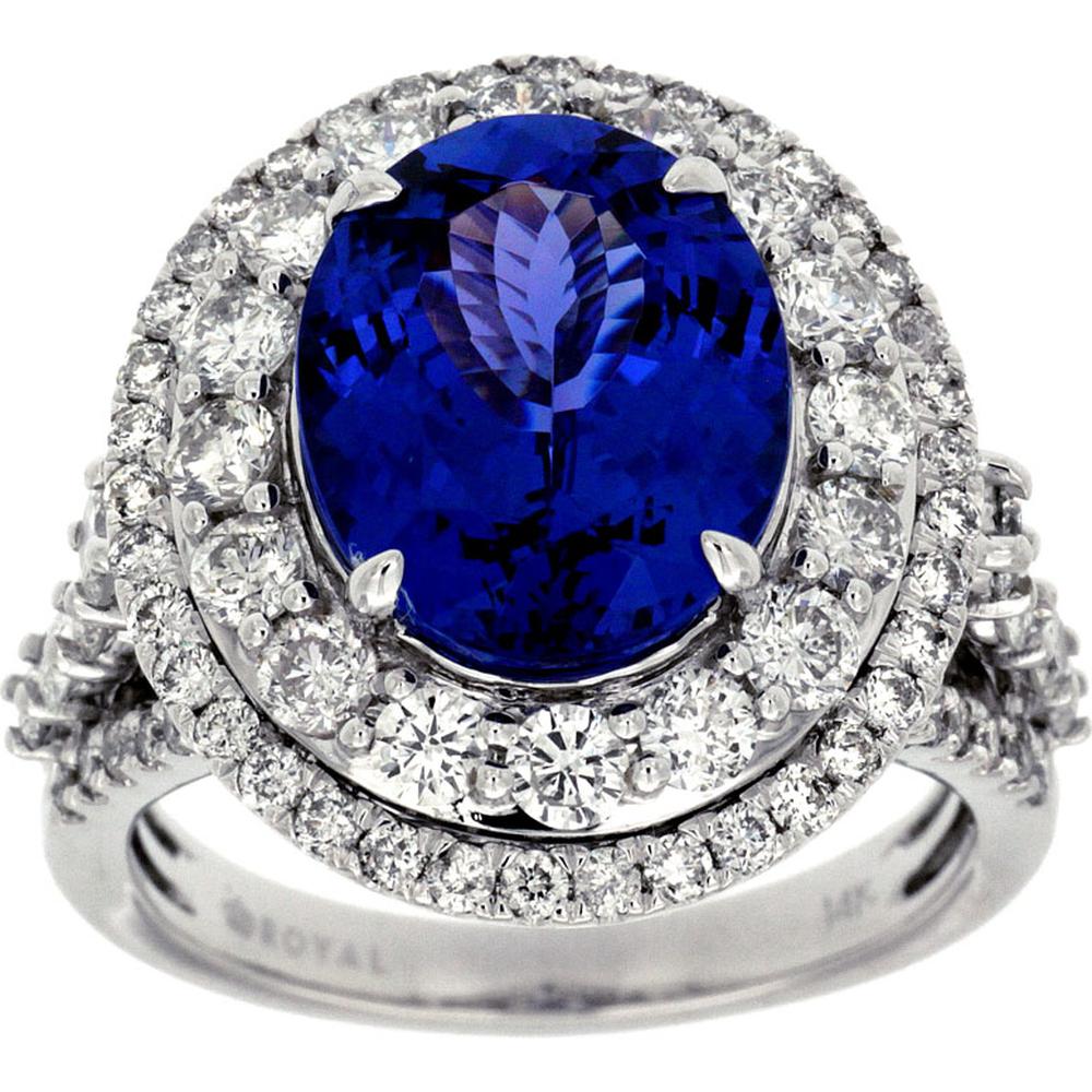 Royal 14K White Gold Tanzanite & Diamond Halo Ring - 6.00 Carats Tanzanite & 2.00 Carats Total Diamond Weight