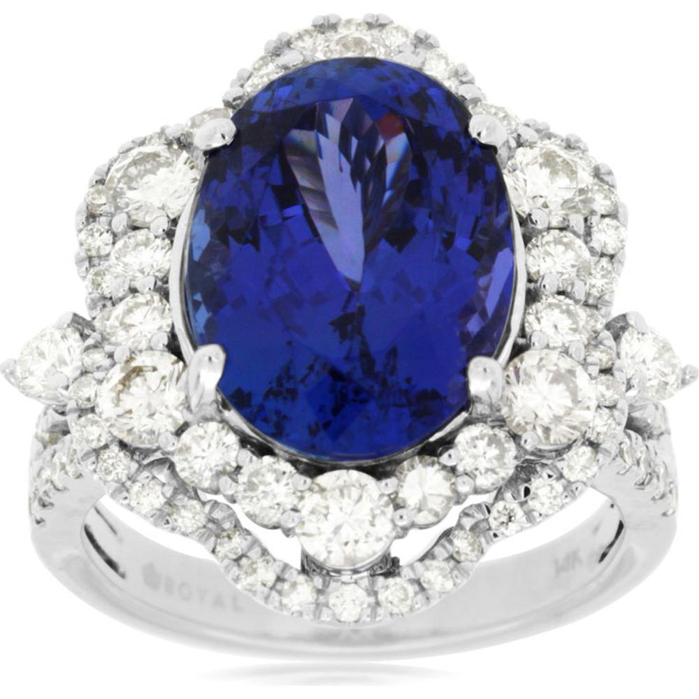 Royal 14K White Gold Tanzanite & Diamond Halo Ring - 6.20 Carats Tanzanite & 1.85 Carats Total Diamond Weight