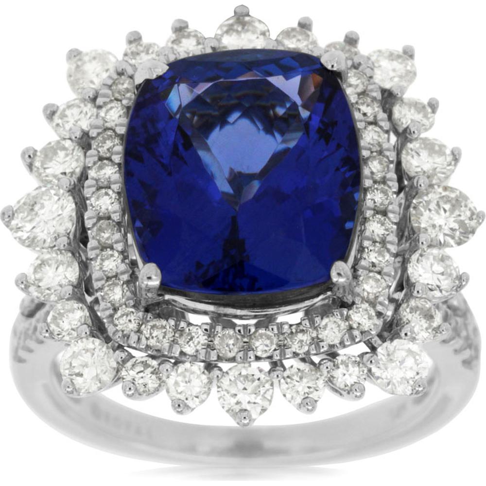 Royal 14K White Gold Tanzanite & Diamond Halo Ring - 6.90 Carats Total Gem Weight