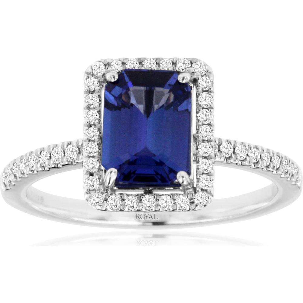 Royal 14K White Gold Tanzanite & Diamond Halo Ring with 1.55 Carats Tanzanite and 0.20 Carats Diamonds
