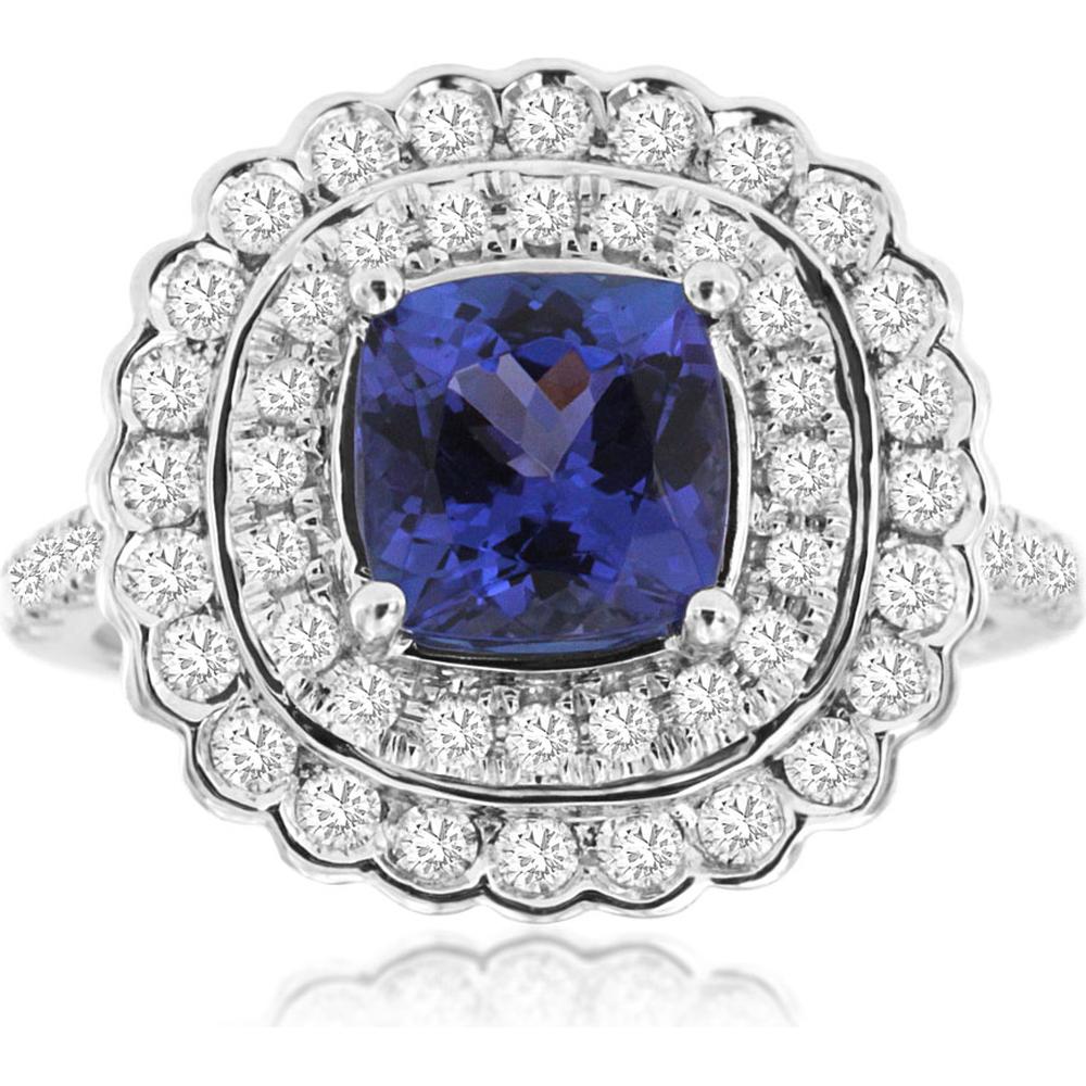 Royal 14K White Gold Tanzanite and Diamond Halo Ring with 1.57 Carats Tanzanite and 0.82 Carats Total Diamond Weight