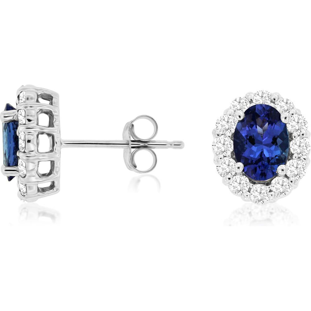 Royal 14K White Gold Tanzanite and Diamond Halo Stud Earrings - 1.65 Carat Total Tanzanite, 0.60 Carat Total Diamond Weight
