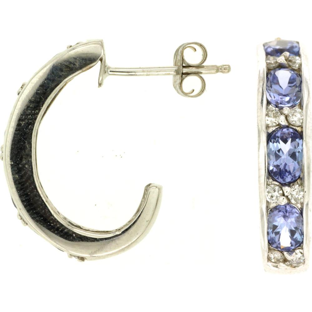 Royal 14K White Gold Tanzanite and Diamond Hoop Earrings - 1.50 Carat Tanzanite, 0.32 Carat Diamonds