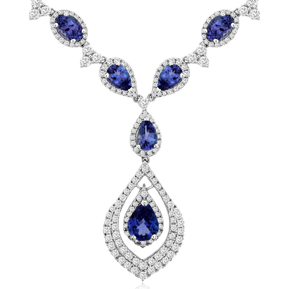 Royal 14K White Gold Tanzanite & Diamond Necklace with Pear-Shaped Tanzanite Stones - 9.5 Carats Tanzanite, 4 Carats Total Diamond Weight