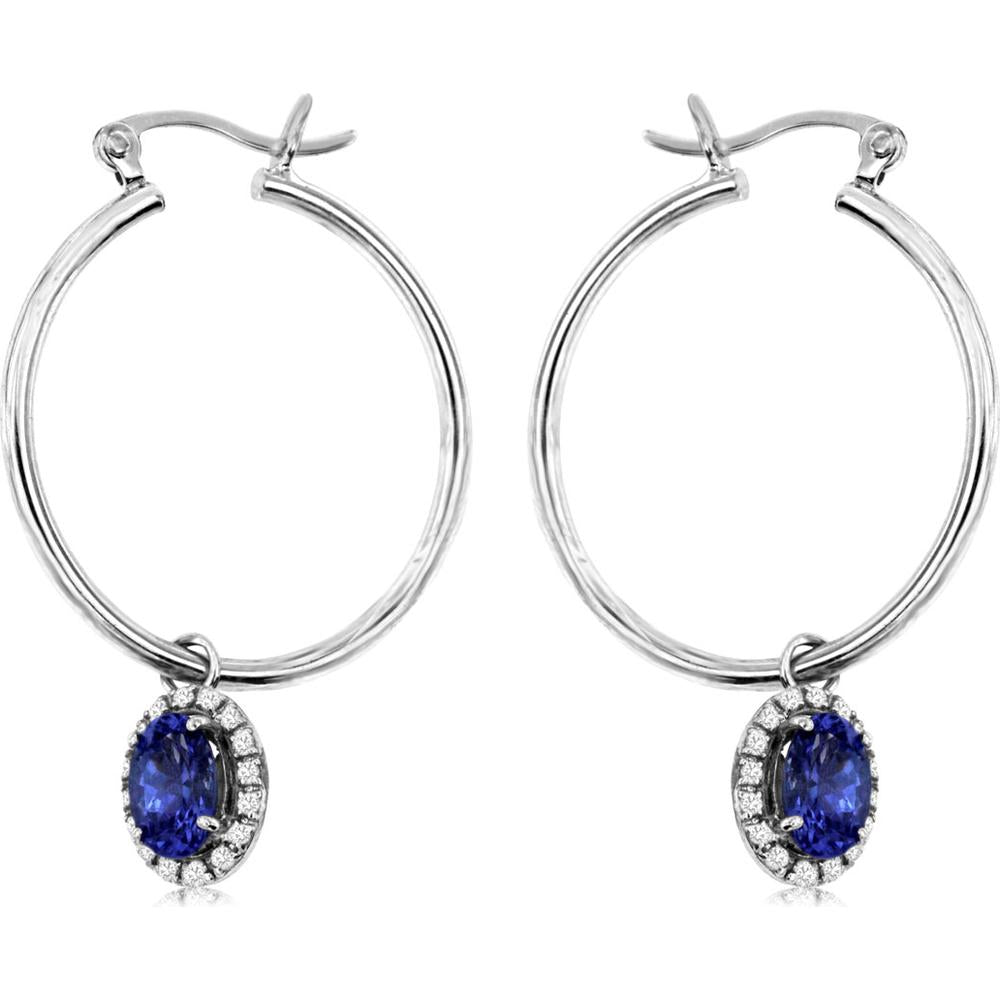 Royal 14K White Gold Tanzanite and Diamond Oval Earrings - 1.00 Carat Tanzanite, 0.13 Carat Diamond Total