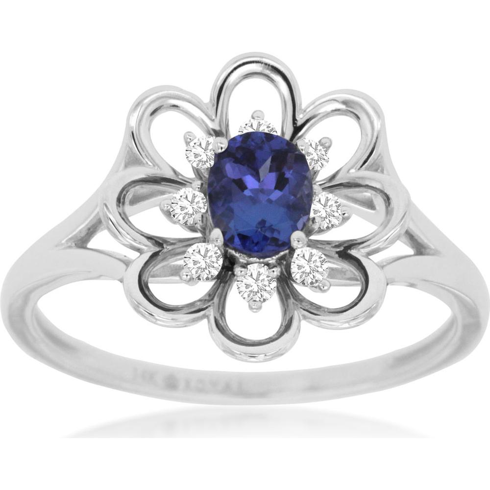 Royal 14K White Gold Tanzanite and Diamond Oval Ring - 0.35 Carat Tanzanite, 0.12 Carat Diamonds