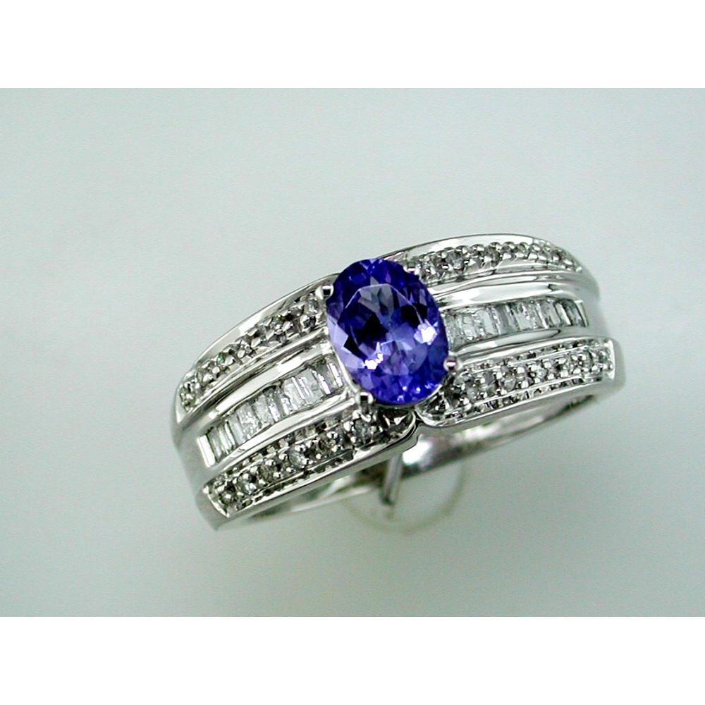 Royal 14K White Gold Tanzanite and Diamond Oval Ring - 0.85 Carat Tanzanite, Baguette and Round Diamonds