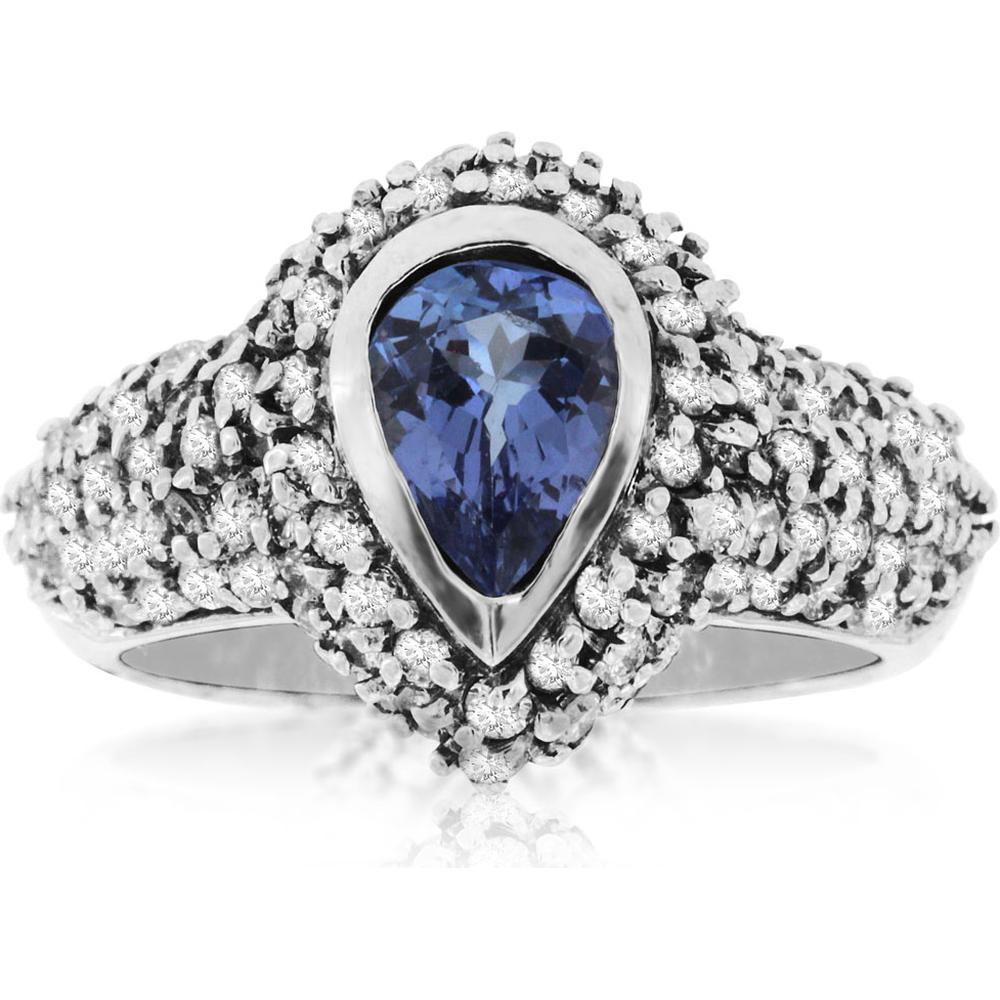 Royal 14K White Gold Tanzanite and Diamond Pear Ring - 1.55 Carat Tanzanite, 1.00 Carat Diamonds