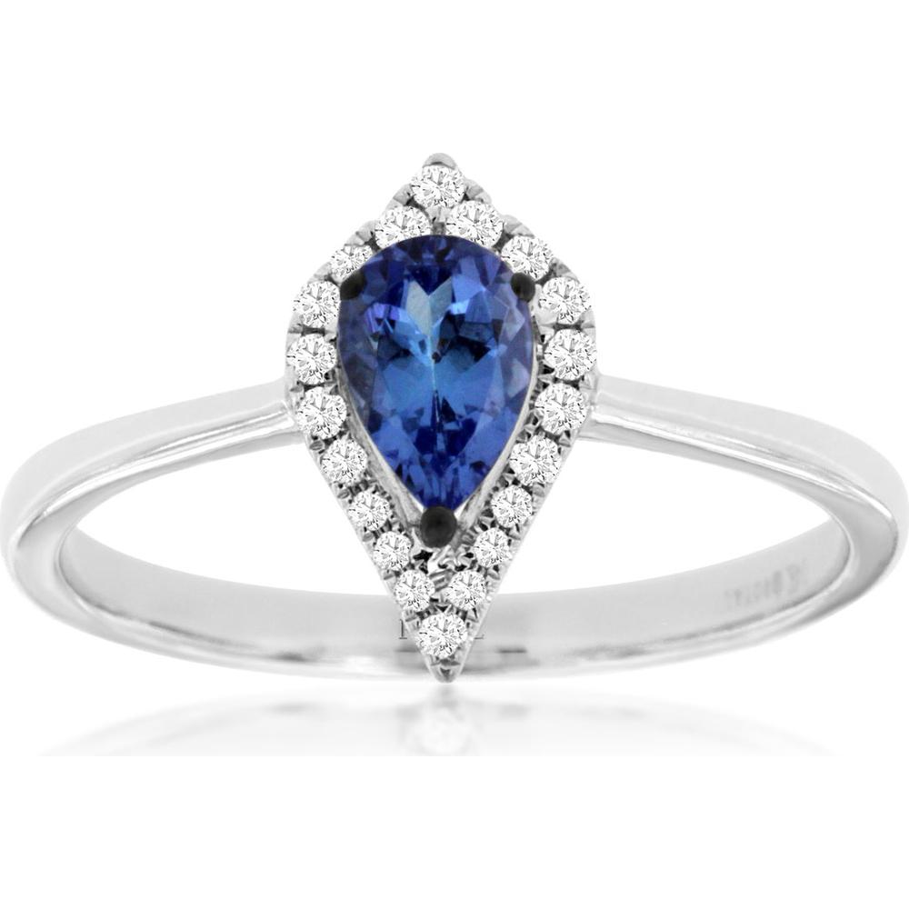 Royal 14K White Gold Tanzanite & Diamond Pear-Shaped Halo Ring - 0.42 Carats Tanzanite, 0.10 Carats Total Diamond Weight