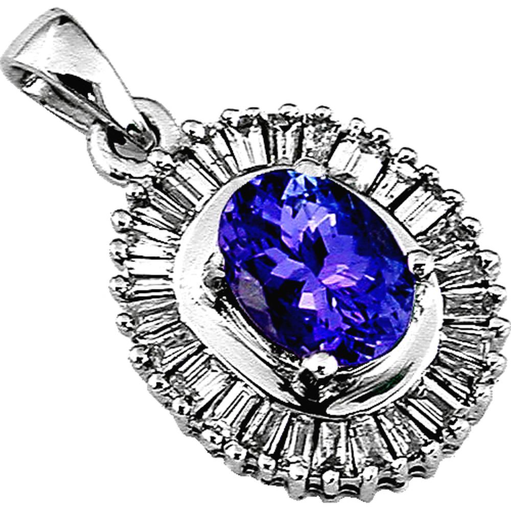 Royal 14K White Gold Tanzanite & Diamond Pendant - 1.30 Carat Tanzanite & Baguette Diamond Halo