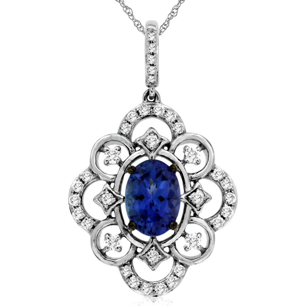 Royal 14K White Gold Tanzanite and Diamond Pendant with Oval Tanzanite 0.84 Carat and Pavé Set Diamonds 0.24 Carat