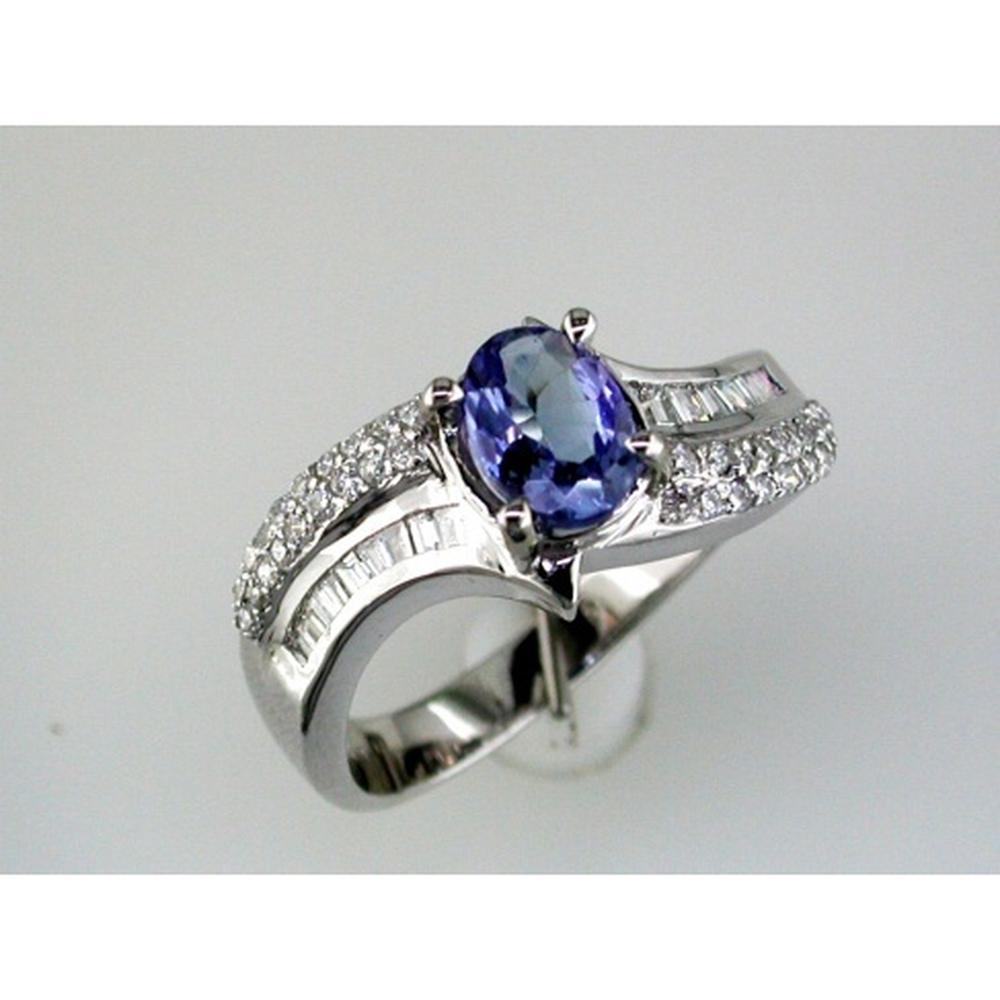 Royal 14K White Gold Tanzanite & Diamond Ring - 0.75 Carat Oval Tanzanite, 0.35 Carat Baguette & Round Diamonds