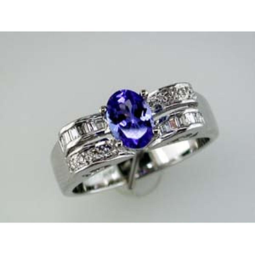 Royal 14K White Gold Tanzanite and Diamond Ring - 0.75 Carat Oval Tanzanite, Baguette Diamonds