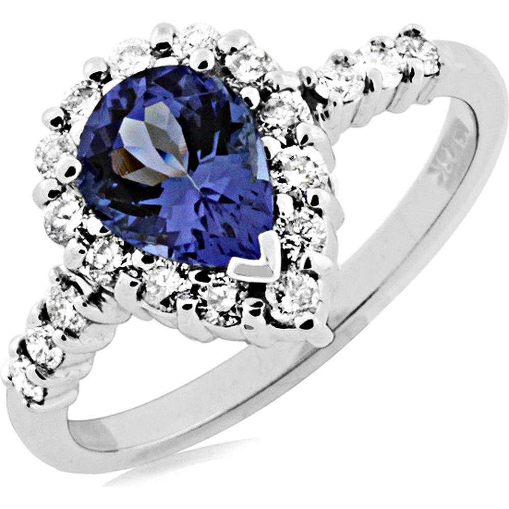 Royal 14K White Gold Tanzanite & Diamond Ring - 1.10 Carat Pear Cut Tanzanite - 0.45 Carat Round Diamonds