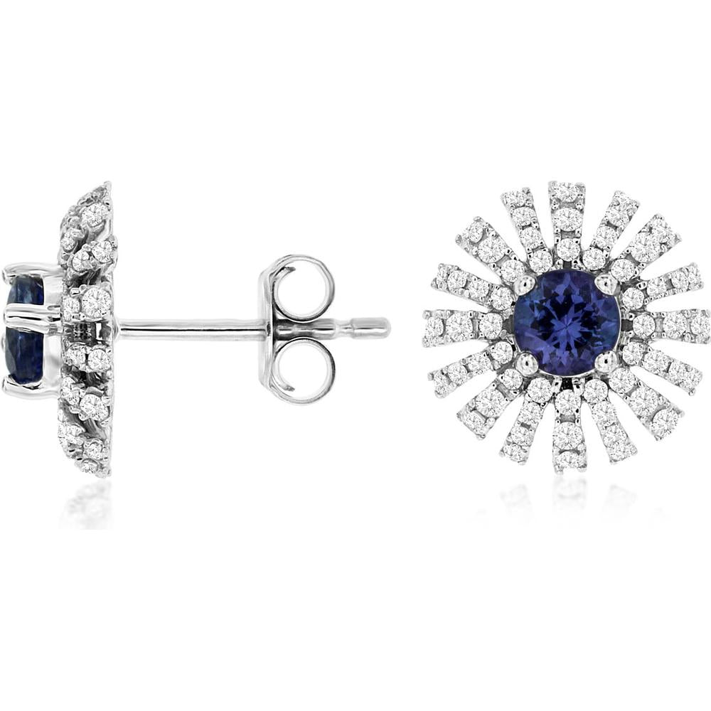 Royal 14K White Gold Tanzanite and Diamond Stud Earrings with Starburst Halo - 0.75 Carat Tanzanite and 0.45 Carat Diamond Total Weight