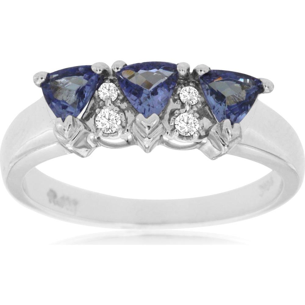 Royal 14K White Gold Tanzanite & Diamond Three Stone Ring - 0.75 Carat Tanzanite, 0.05 Carat Diamonds