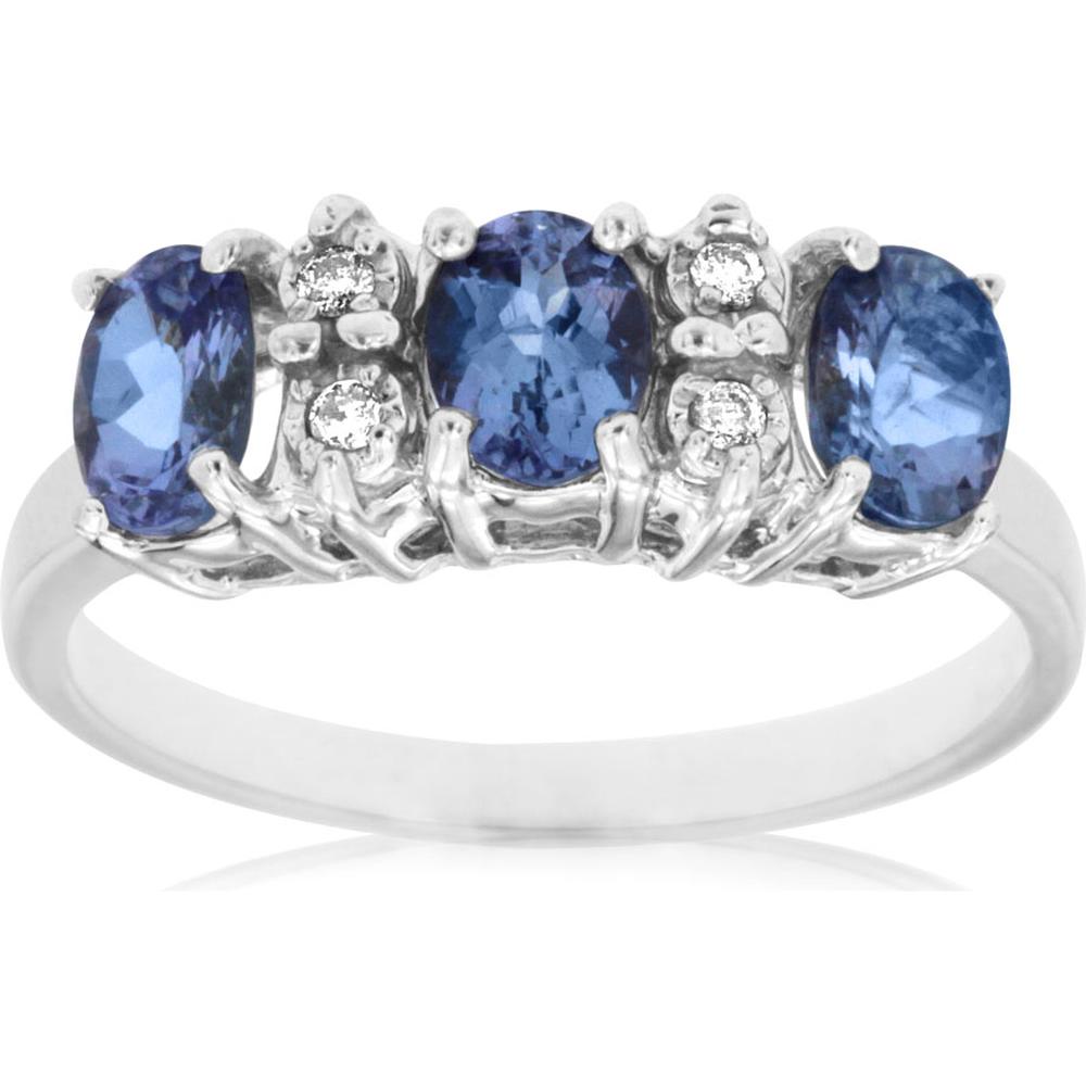 Royal 14K White Gold Tanzanite & Diamond Three-Stone Ring with Oval Tanzanite & Round Diamonds - 1.06 Carats Total Gem Weight