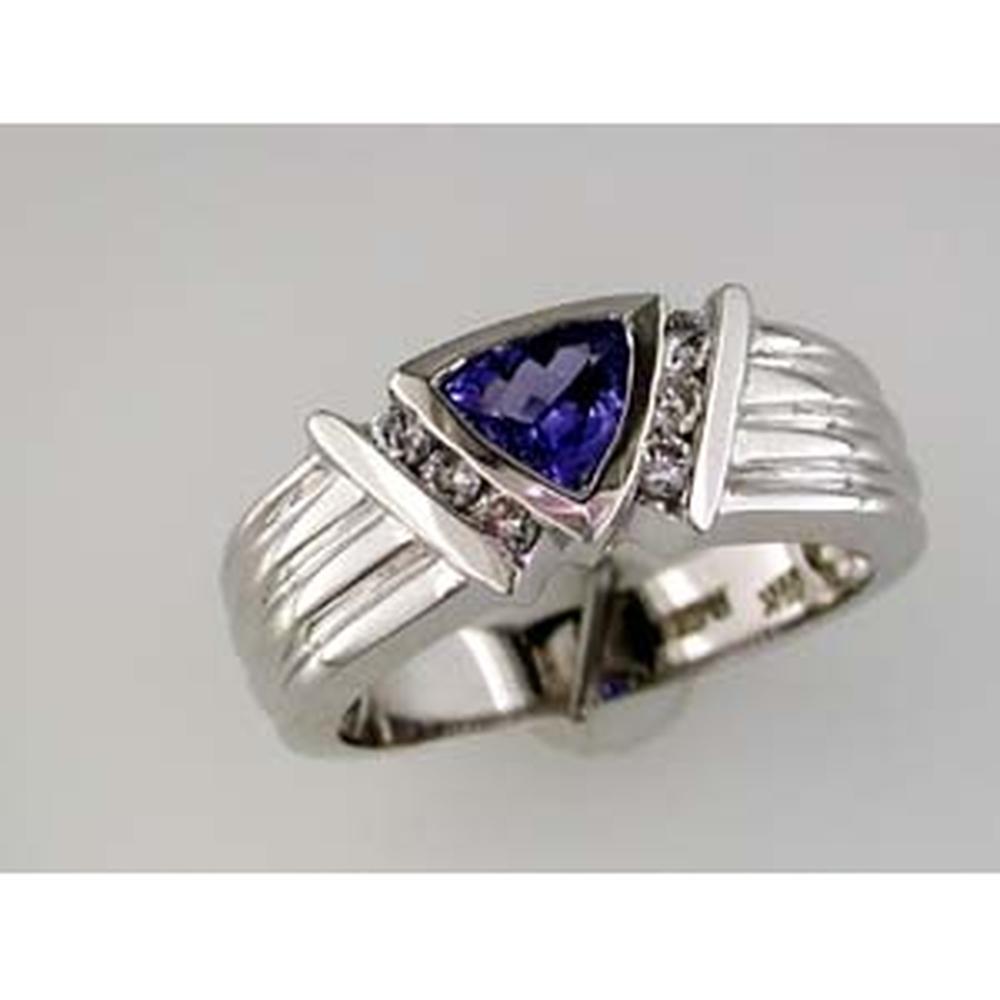 Royal 14K White Gold Tanzanite and Diamond Trillion Ring - 0.60 Carat Tanzanite, 0.18 Carat Total Diamond Weight