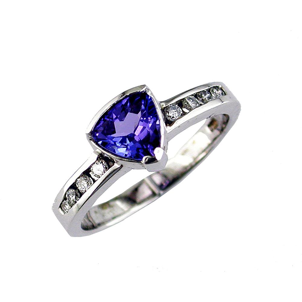 Royal 14K White Gold Tanzanite and Diamond Trillion Ring - 0.75 Carat Tanzanite - Round Diamond Accents