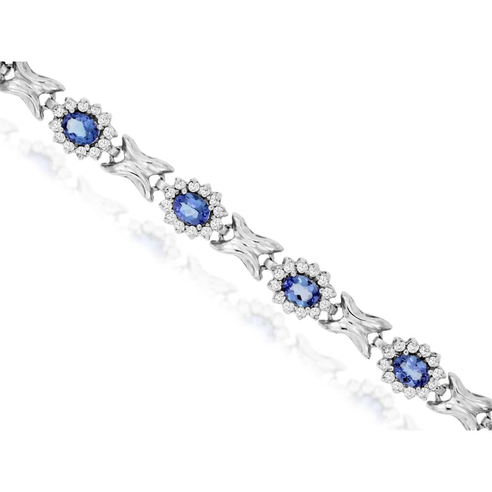Royal 14K White Gold Tanzanite & Round Diamond Tennis Bracelet with Oval Gemstones - 4.90 Carats Total Gem Weight