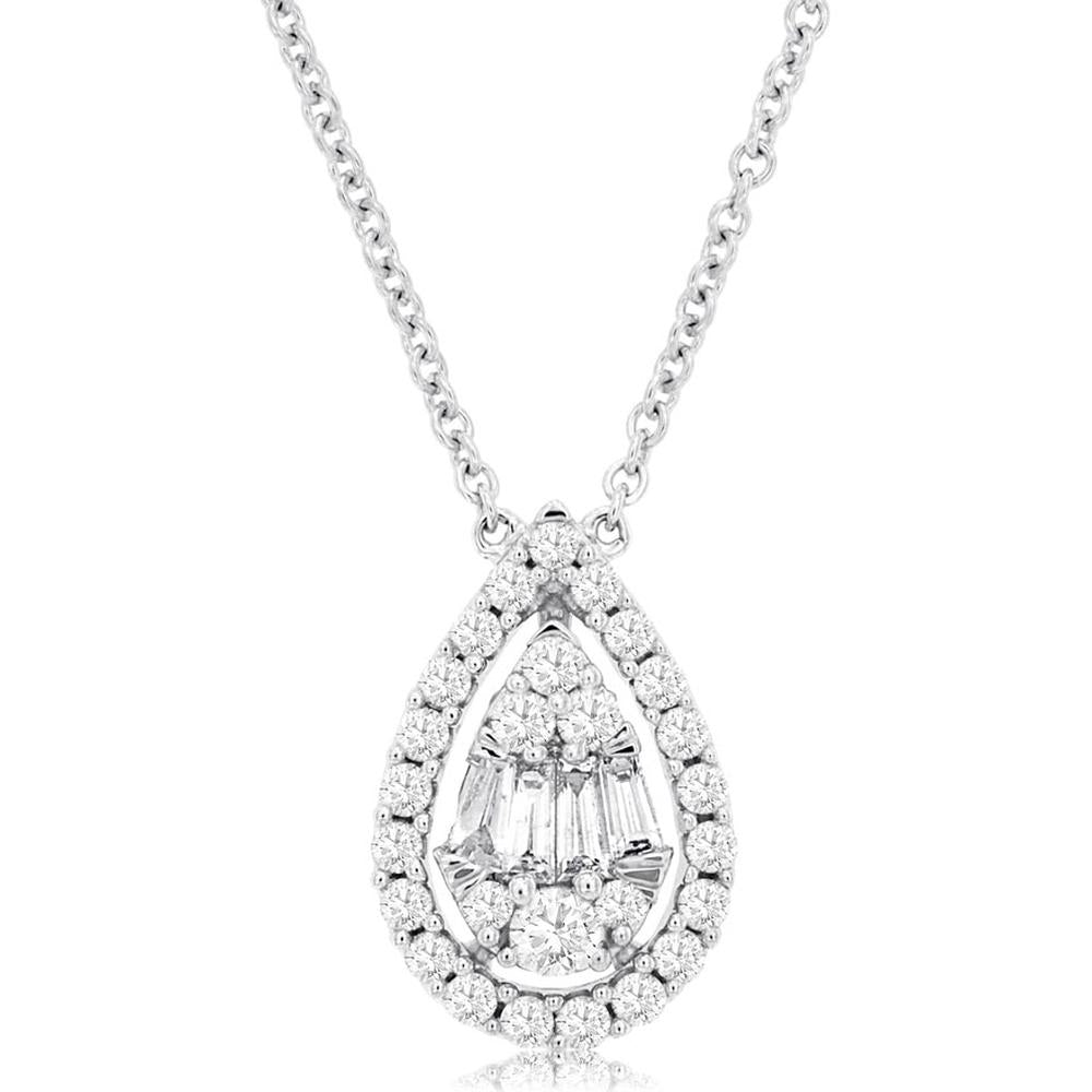 Royal 14K White Gold Teardrop Diamond Necklace with Round and Baguette Diamonds - 0.41 Carats Total Diamond Weight