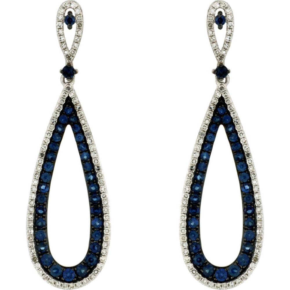 Royal 14K White Gold Teardrop Earrings with 1.15 Carats Round Sapphires and 0.55 Carats Diamond Halo Accents