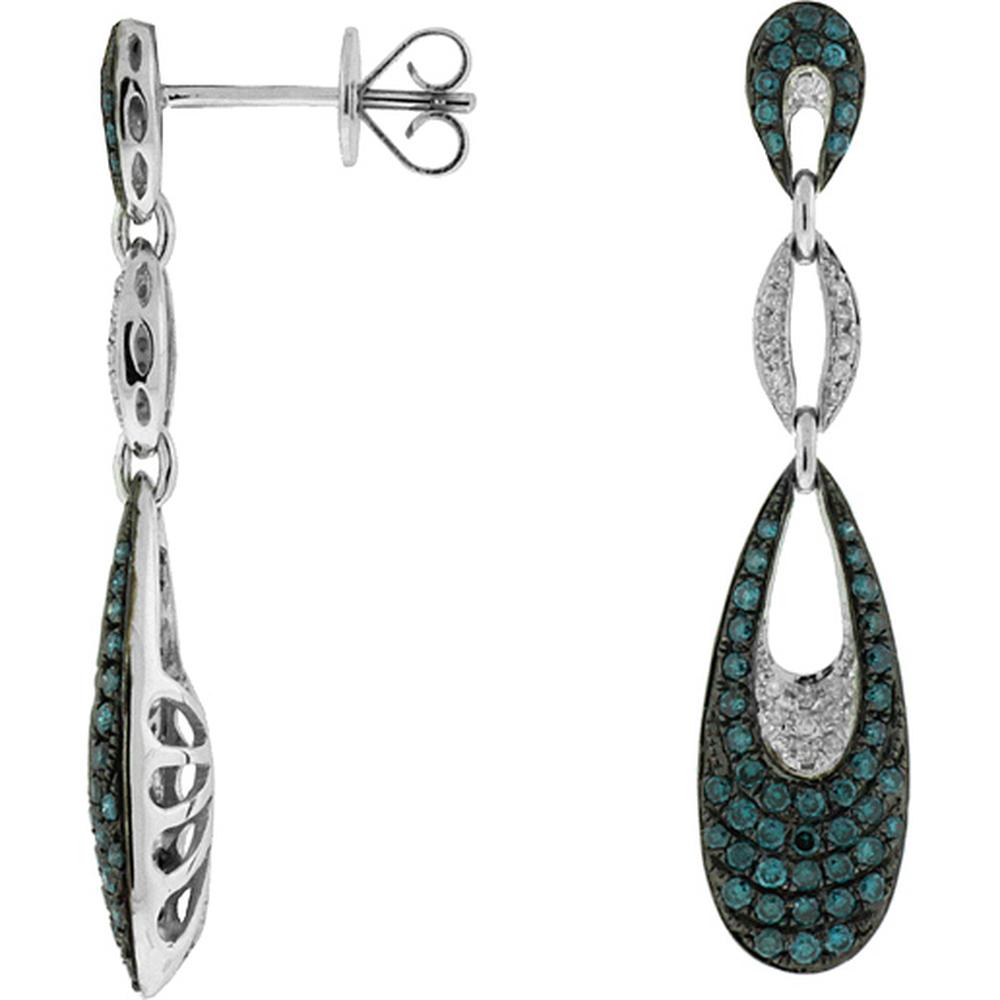 Royal 14K White Gold Teardrop Earrings with Round Blue and White Diamonds - 1.28 Carats Total Carat Weight